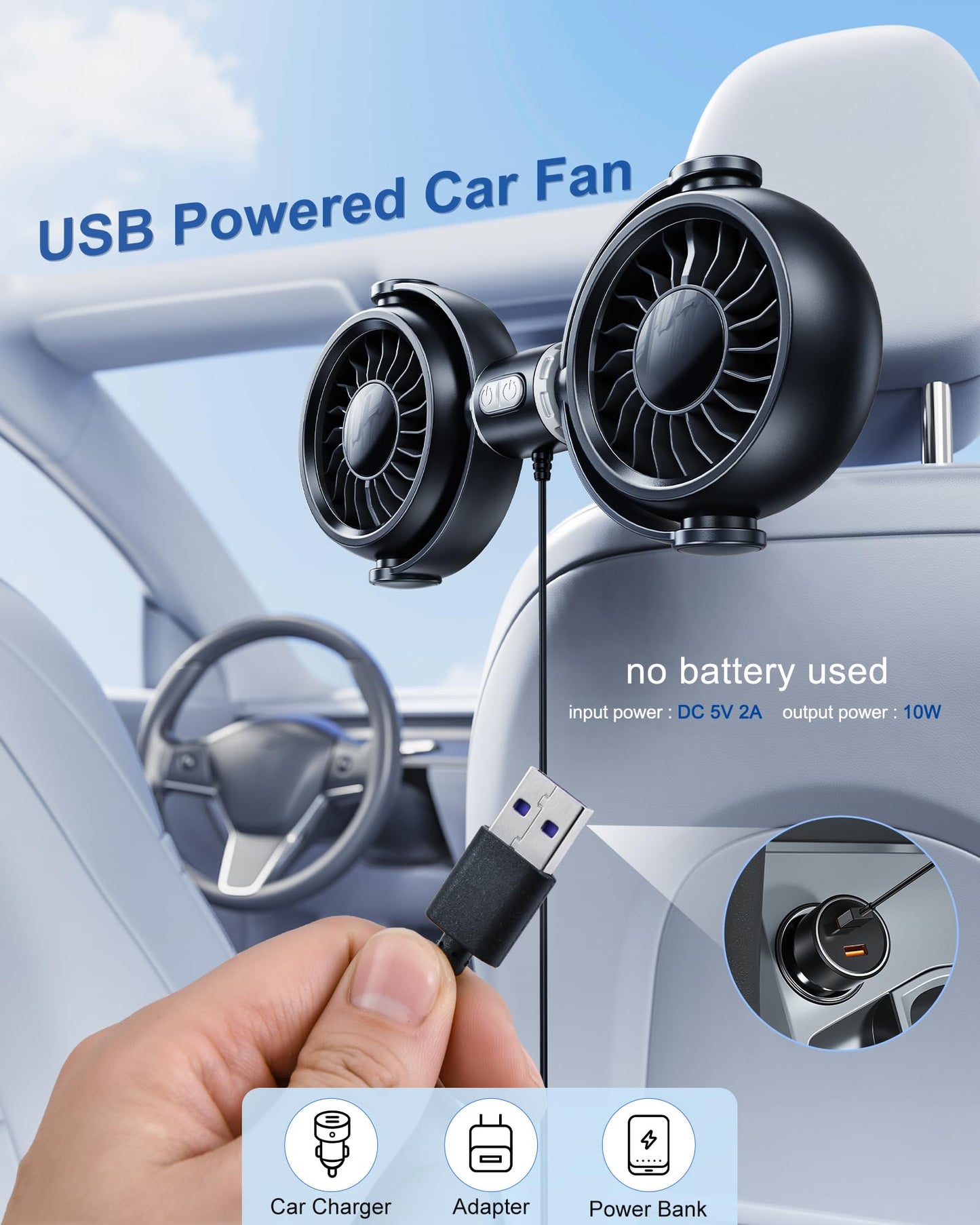 Dual-Head Car Fan: Powerful, Stepless Speed Control, Ideal for All Seats