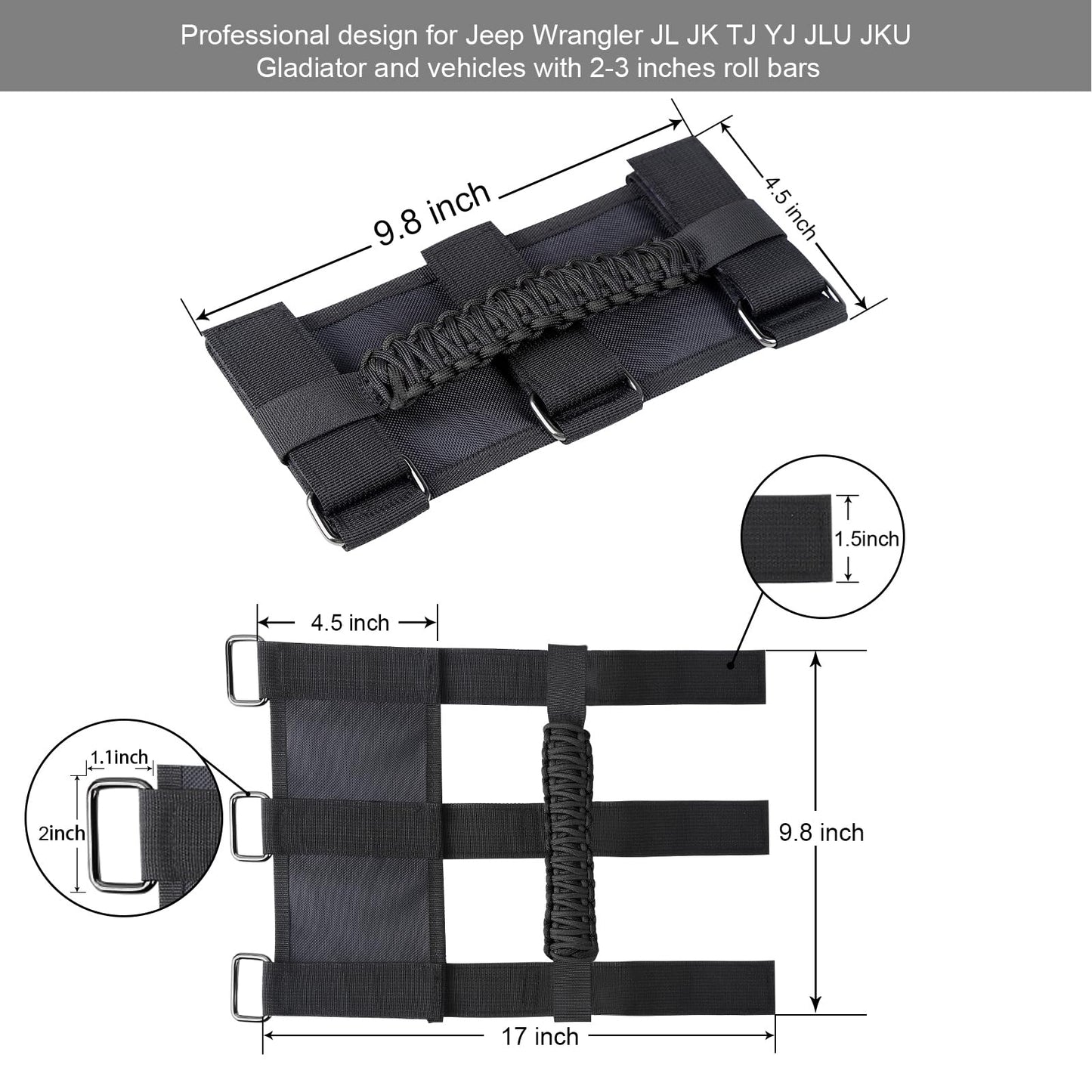 4-Pack Black Roll Bar Grab Handles for Jeep Wrangler & Gladiator (Paracord)