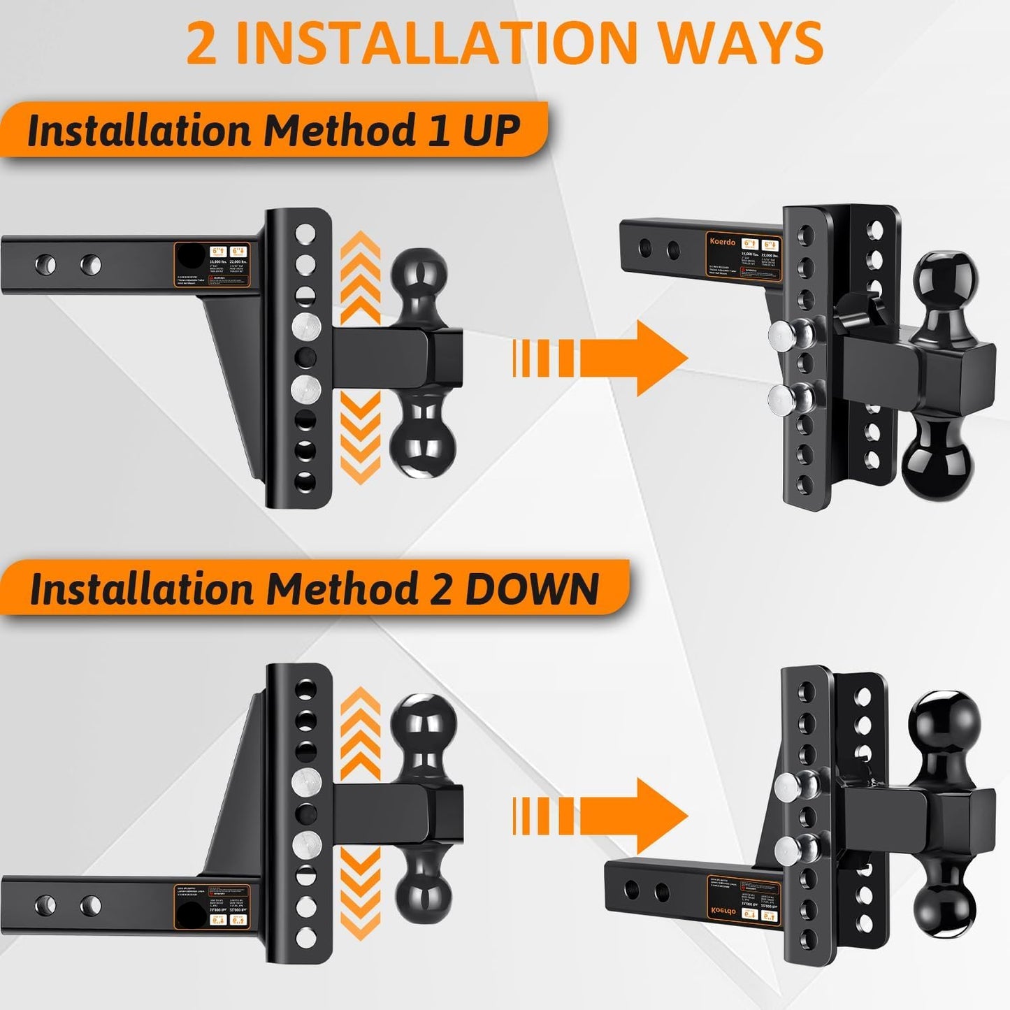 Adjustable 2.5" Trailer Hitch - 6" Drop/Rise, 2"/2-5/16" Balls, 22,000 lb GTW, Anti-Theft Pin (Black)