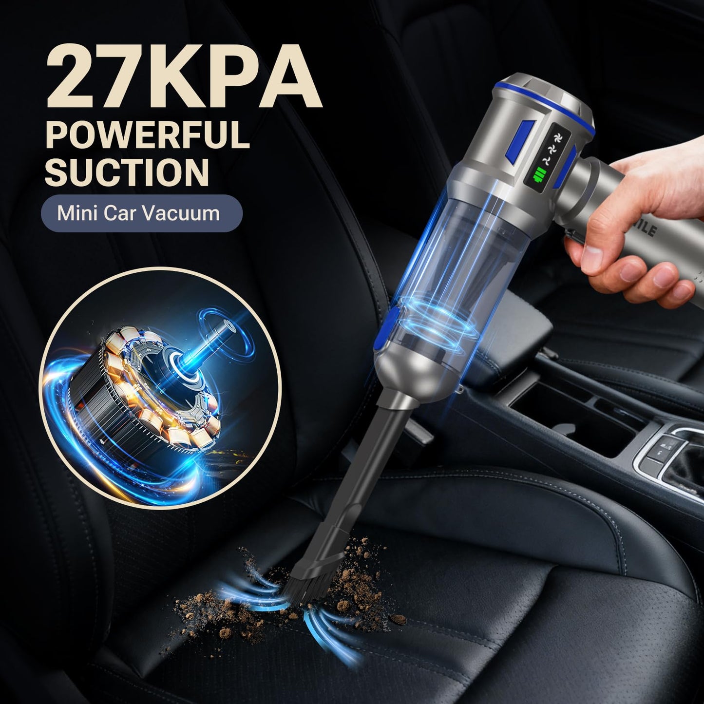 2-in-1 27000PA Brushless Car Vacuum/Air Duster - 9000mAh Cordless for Home/Office