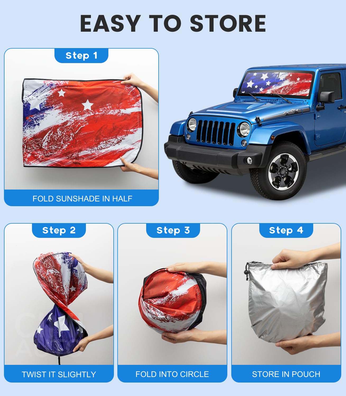 USA Flag Windshield Sun Shade for 1997-2025 Jeep Wrangler & Gladiator - UV Protection