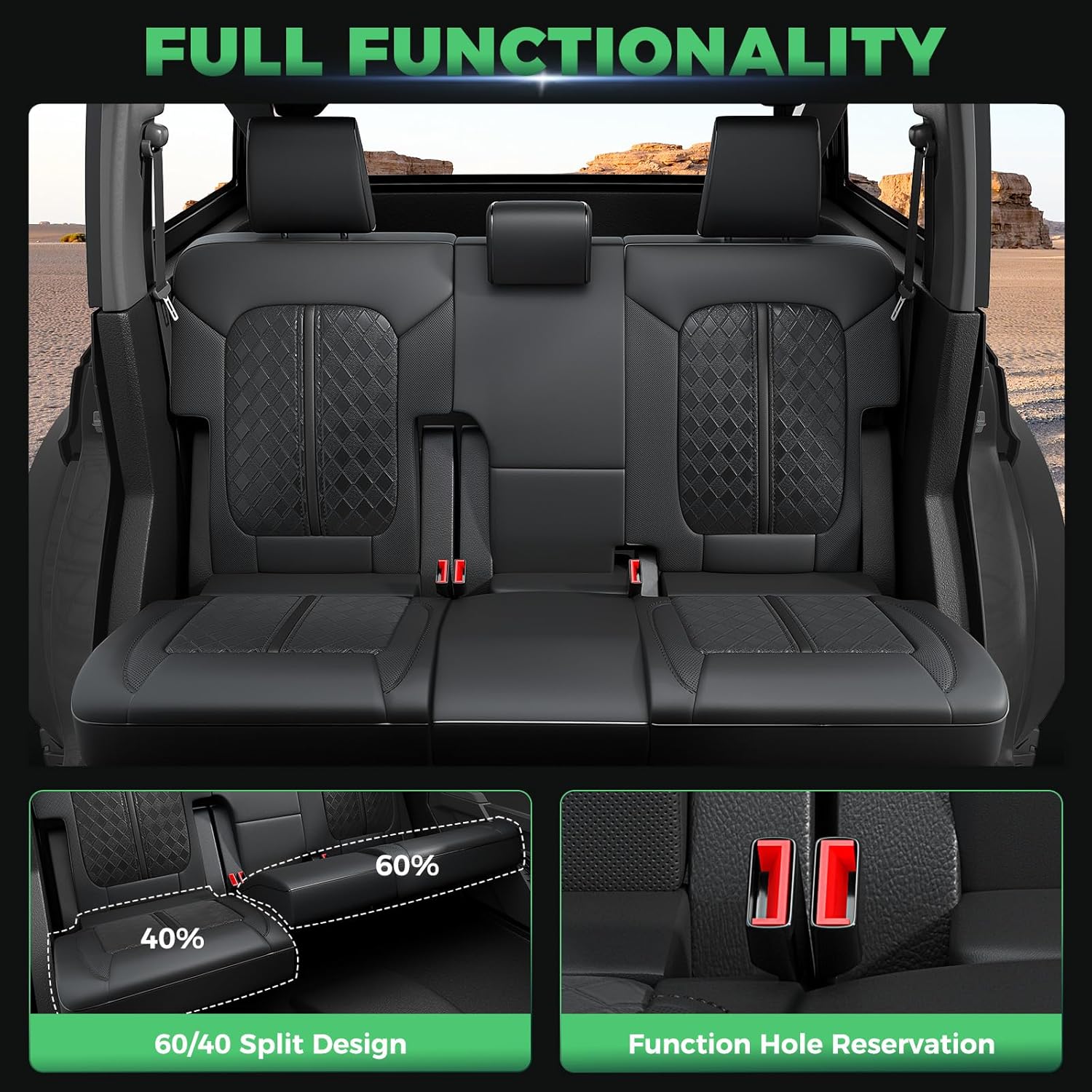 for Ford Bronco Leather Seat Covers 4 Door 2021 2022 2023 2024 2025, Custom Fit Car Seat Cover Full Set, Luxury Waterproof Interior Protectors Accessories, Black (W/O Rear Armrest)