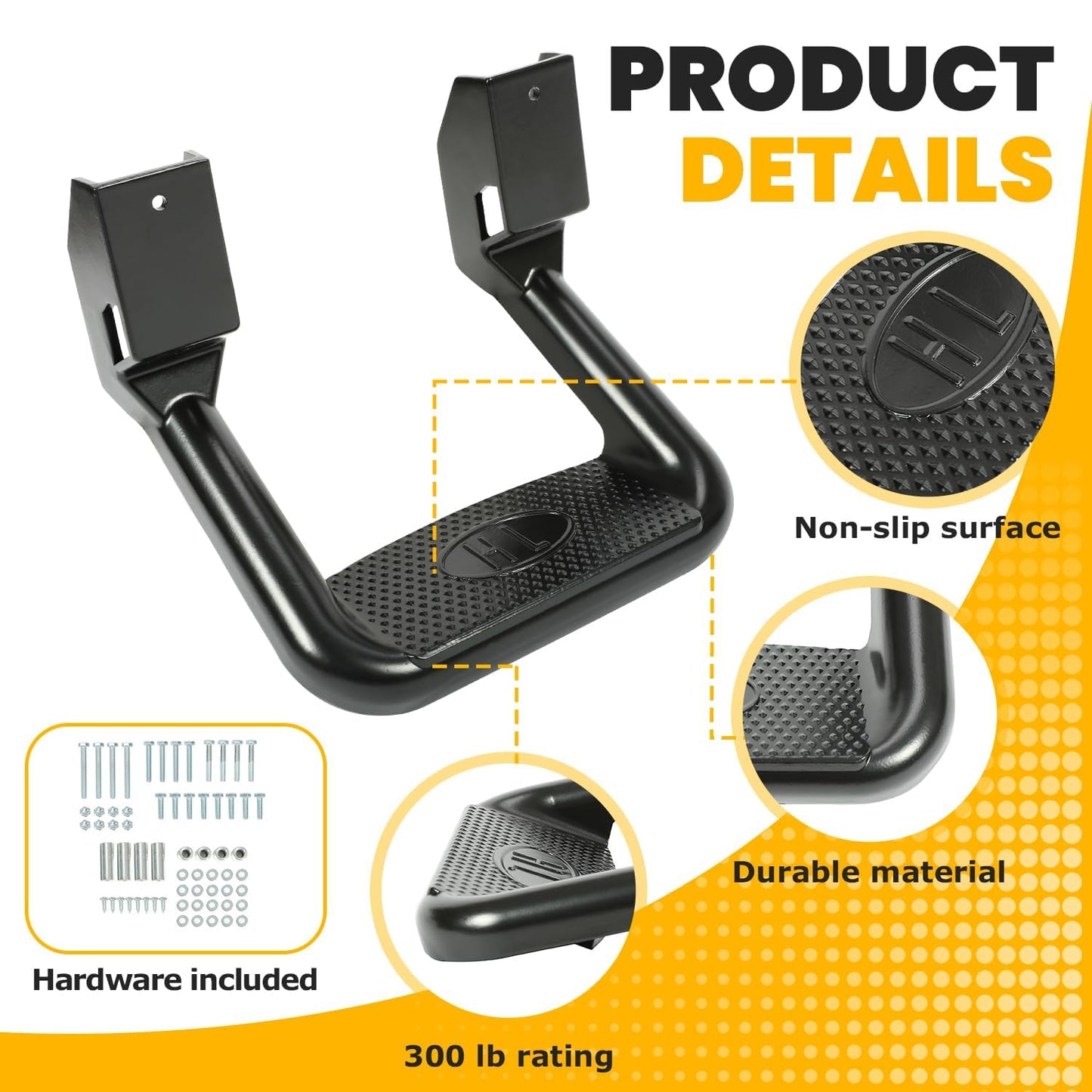 Electrophoresis Black Aluminum Side Steps - 300 lb Capacity, Universal for Chevy/Ford/Toyota/GMC/Dodge/Jeep