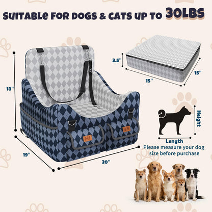 Memory Foam Dog Booster Seat - 4-Pocket Storage, Detachable Washable, Holds up to 35lbs (Blue/Grey)