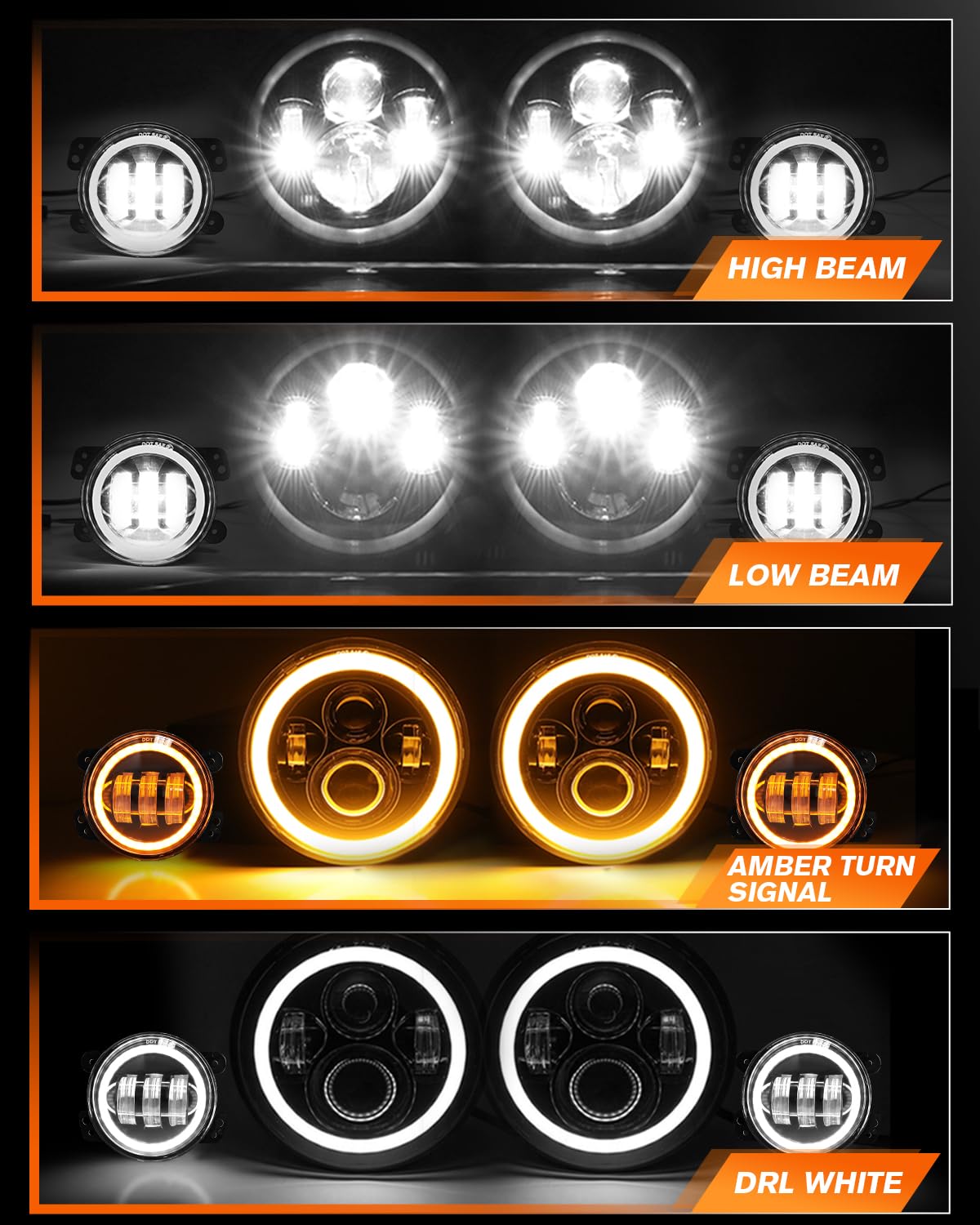 7 Inch Round LED Headlights with Halo & Amber Turn Signal + 4 Inch LED Fog Lights