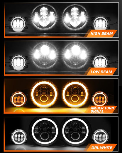 7 Inch Round LED Headlights with Halo & Amber Turn Signal + 4 Inch LED Fog Lights