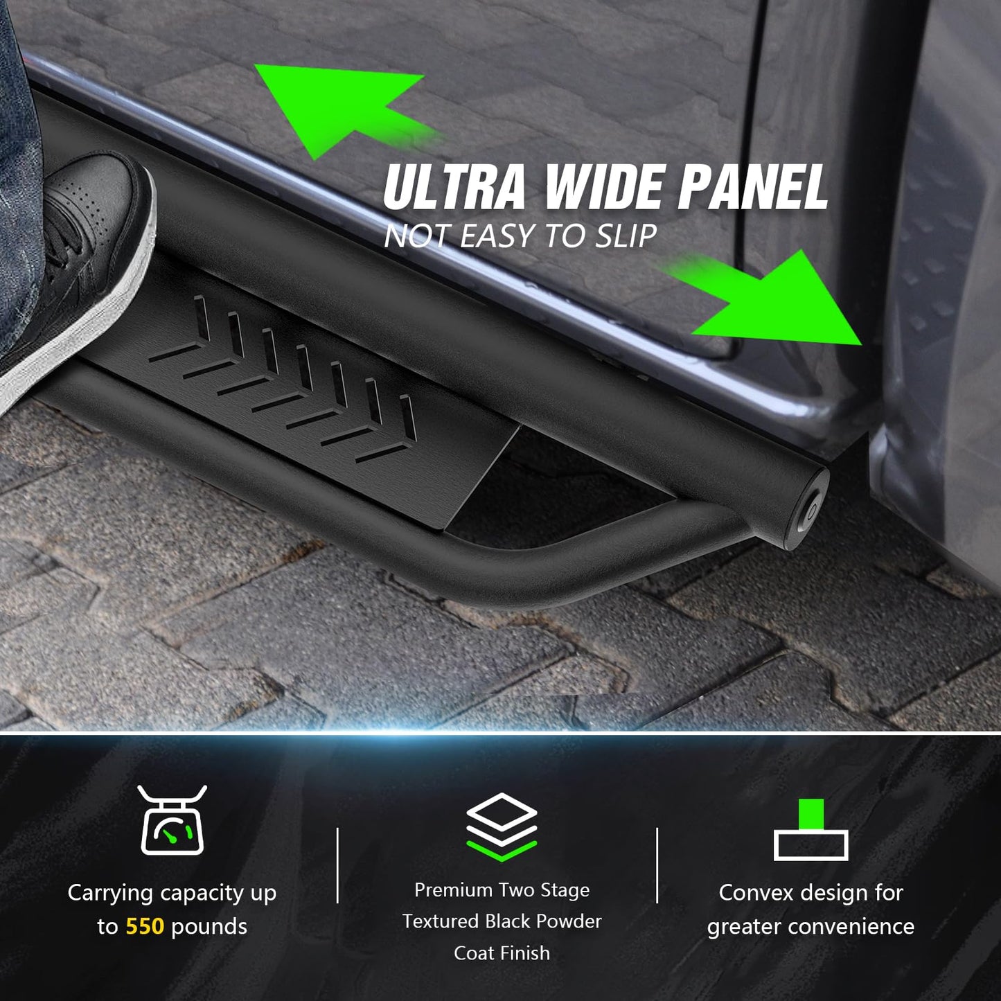 Two-Stair Black Running Boards for 2018-2026 Jeep Wrangler JL 4-Door - Rock Slider Nerf Bars