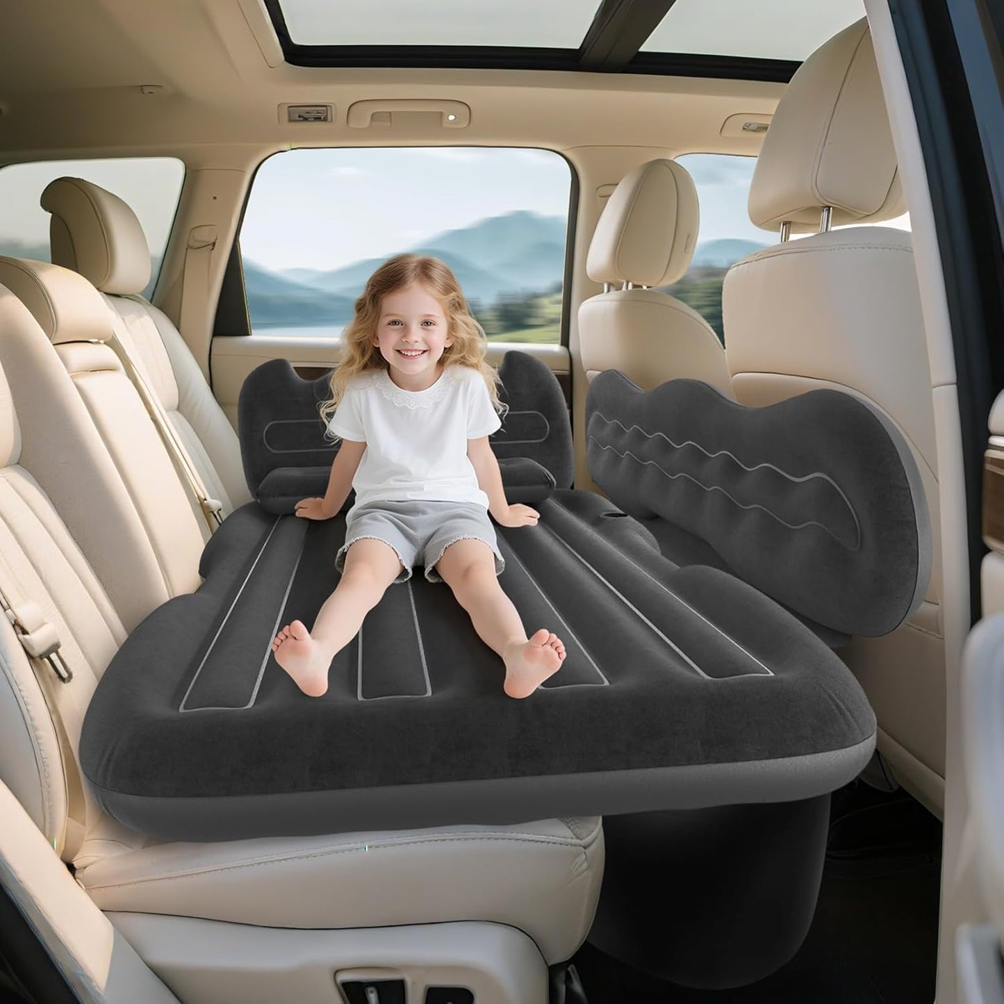 Inflatable SUV Air Mattress with Pump & Pillows - Foldable Travel Bed for Back Seat
