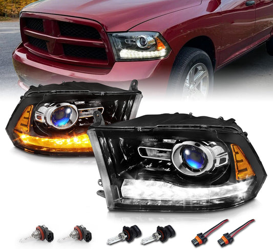 AmeriLite for 2009-2018 Dodge Ram 1500 2500 3500 BOTH Models Switchback LED Polished Black Replacement Projector Headlight Assembly Set - Passenger and Driver Side