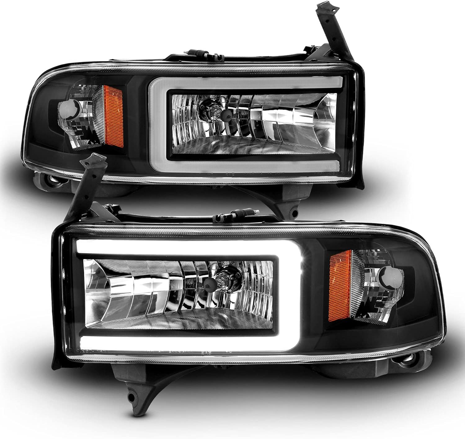 AmeriLite 1994-2001 Dodge Ram 1500 2500 3500 HD C-Type LED Tube Black 1pc Replacement Headlights Set - Passenger and Driver Side