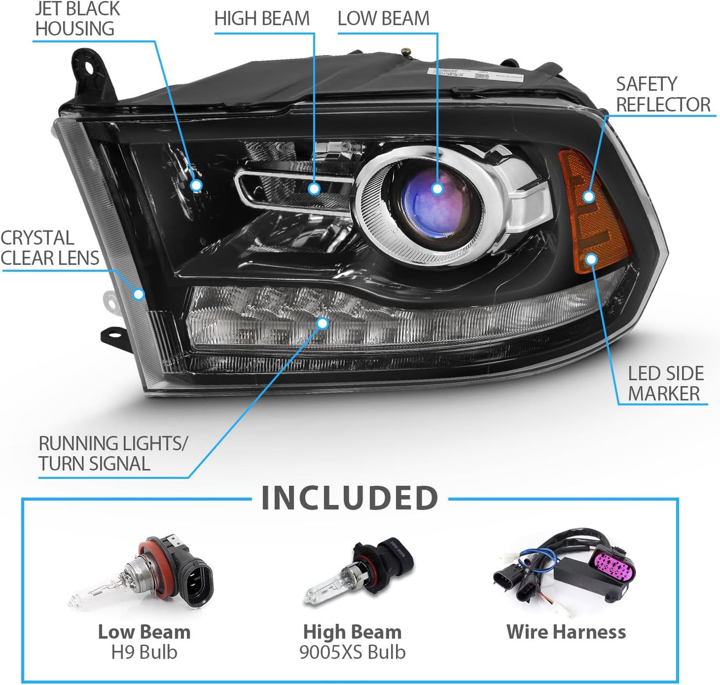 AmeriLite for 2009-2018 Dodge Ram 1500 2500 3500 BOTH Models Switchback LED Polished Black Replacement Projector Headlight Assembly Set - Passenger and Driver Side