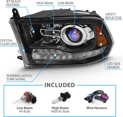 AmeriLite for 2009-2018 Dodge Ram 1500 2500 3500 BOTH Models Switchback LED Polished Black Replacement Projector Headlight Assembly Set - Passenger and Driver Side