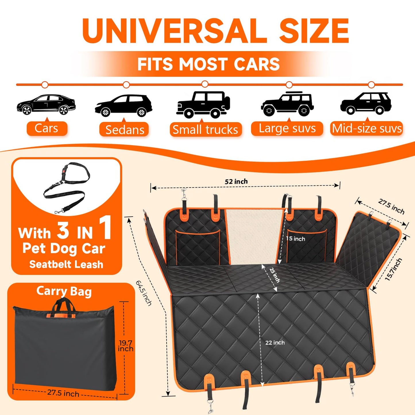 Waterproof Nonslip Dog Hammock, 52" Back Seat
