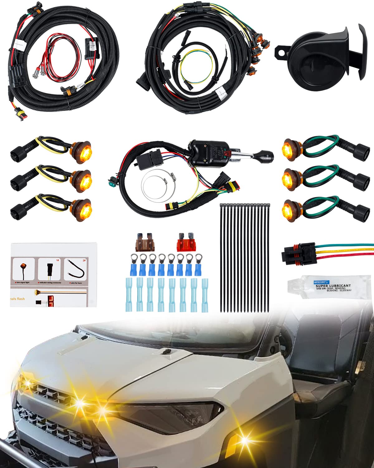 Universal UTV ATV Plug and Play Street Legal Turn Signal Kit with Harness, Column Switch, Horn, LED Blinkers - OHMU