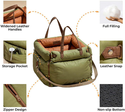 FUNNYFUZZY Leather Dog Car Seat for Small ＆ Medium Sized Dogs Up to 35lbs, Waterproof and Washable Dog Booster Seat Car Bed for Travel and Home,Portable and Safety(Green)