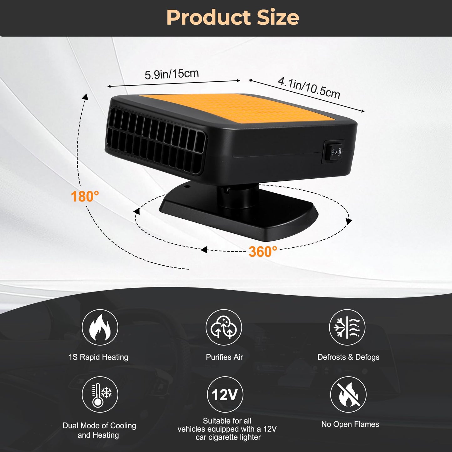 2026 Upgraded 12V Portable Car Heater - Plugs into Cigarette Lighter, 360° Rotatable Defroster