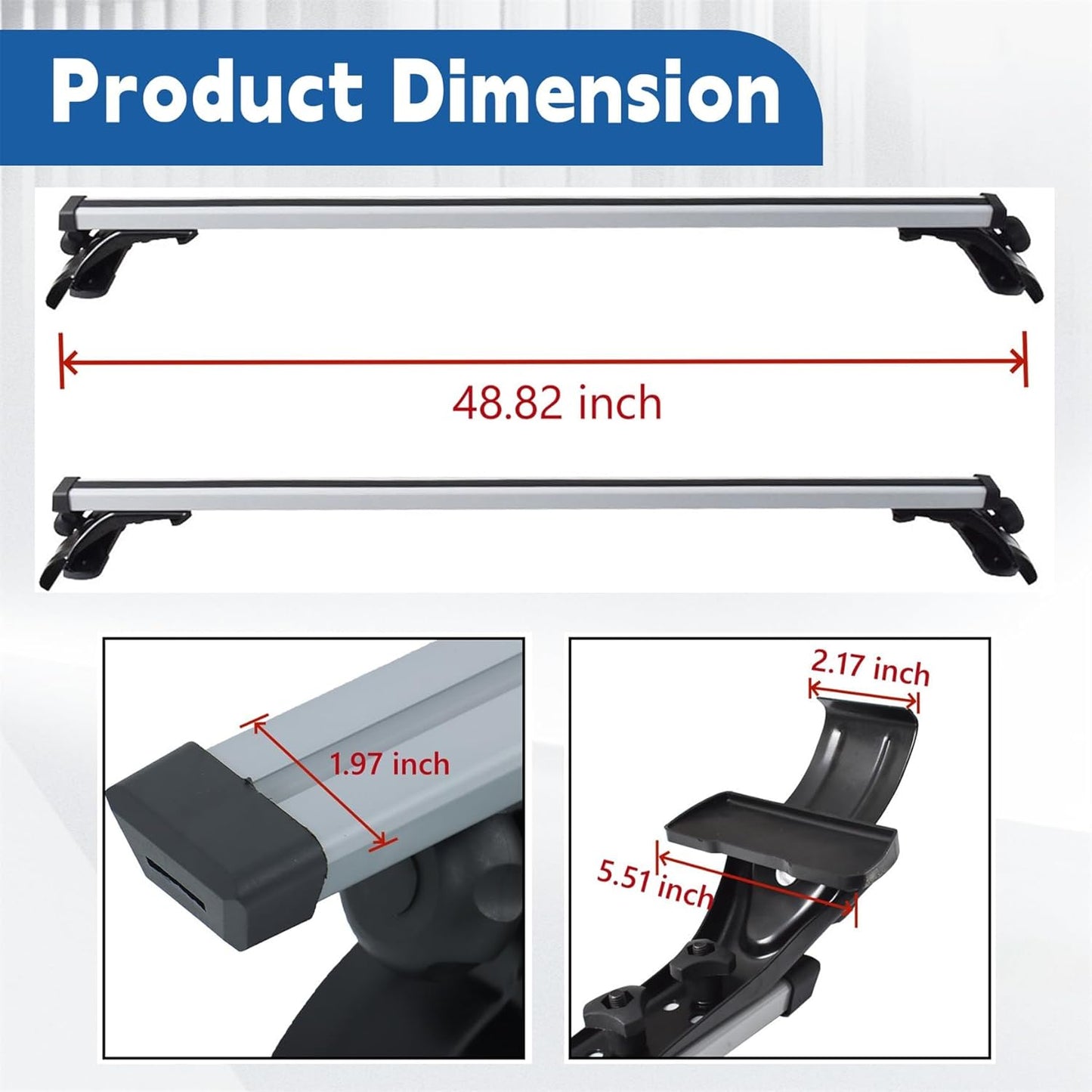 48" Universal Roof Rack Cross Bars with 3 Clamp Types - Silver Aluminum