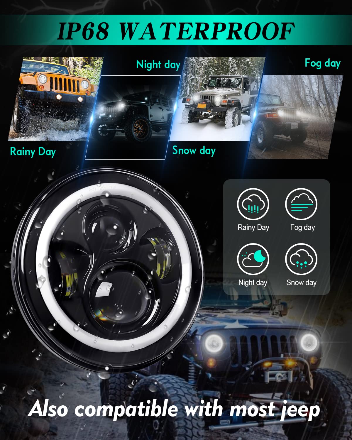 DOT Approved 7" Round LED Headlights with Halo & Signals - Universal Fit