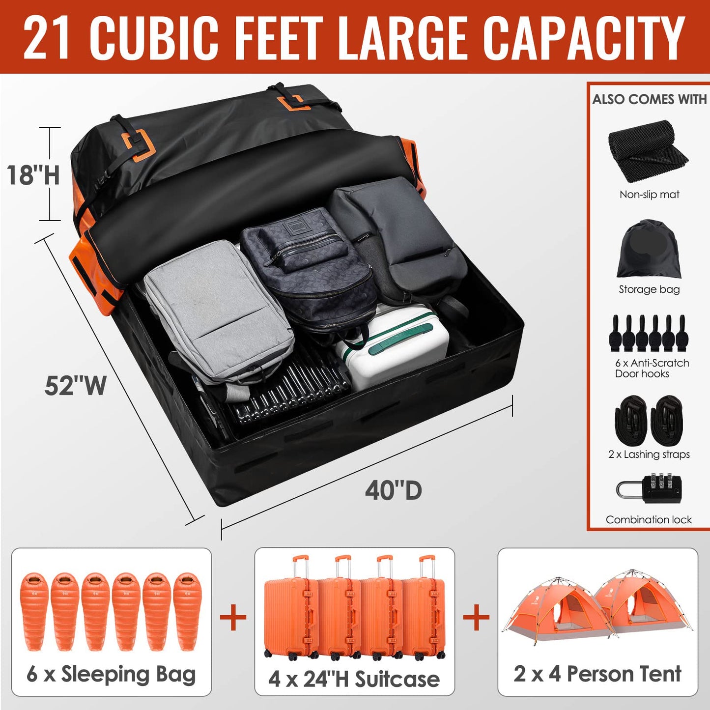 21ft³ Waterproof Rooftop Cargo Bag - 840D Heavy-Duty, w/Mat/Hooks/Lock for All Vehicles