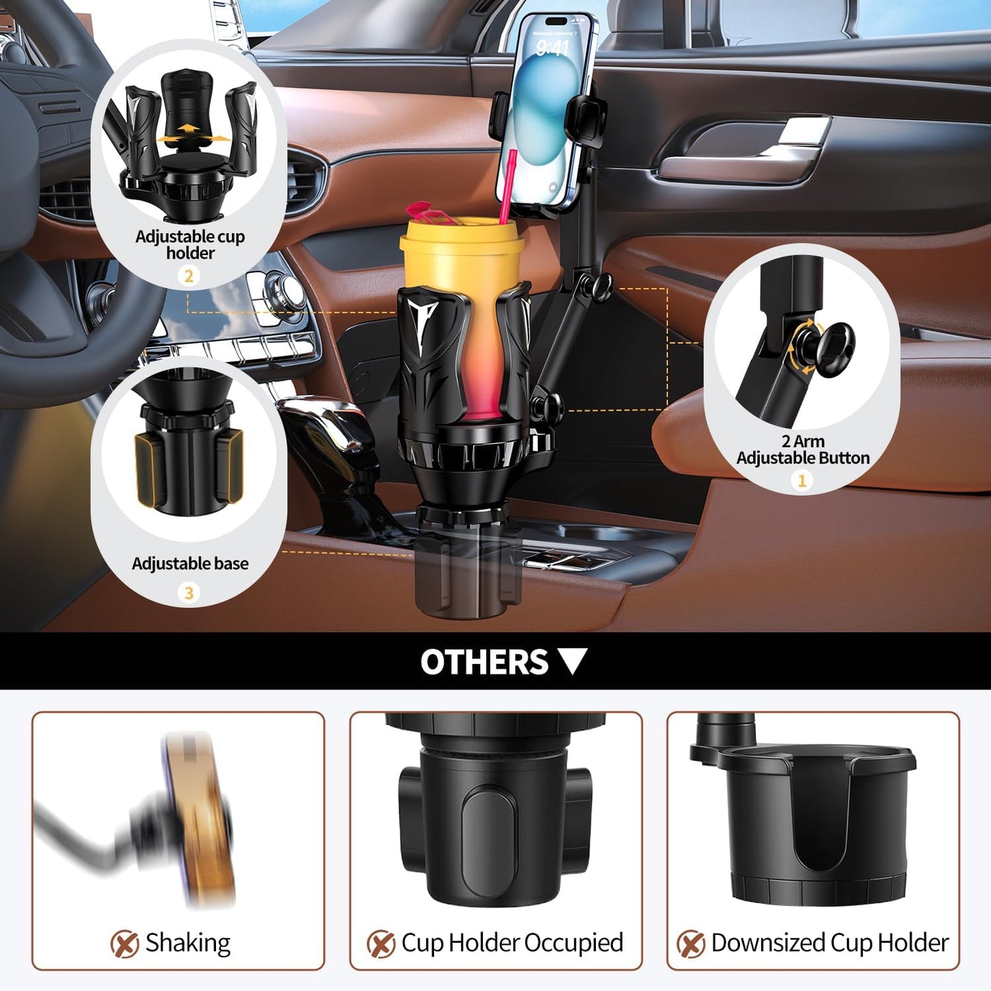 Adjustable Car Cup Holder Expander with Rubber Grip - Fits Up to 5.31" Drinks/Mugs, Universal Phone/Drink Holder