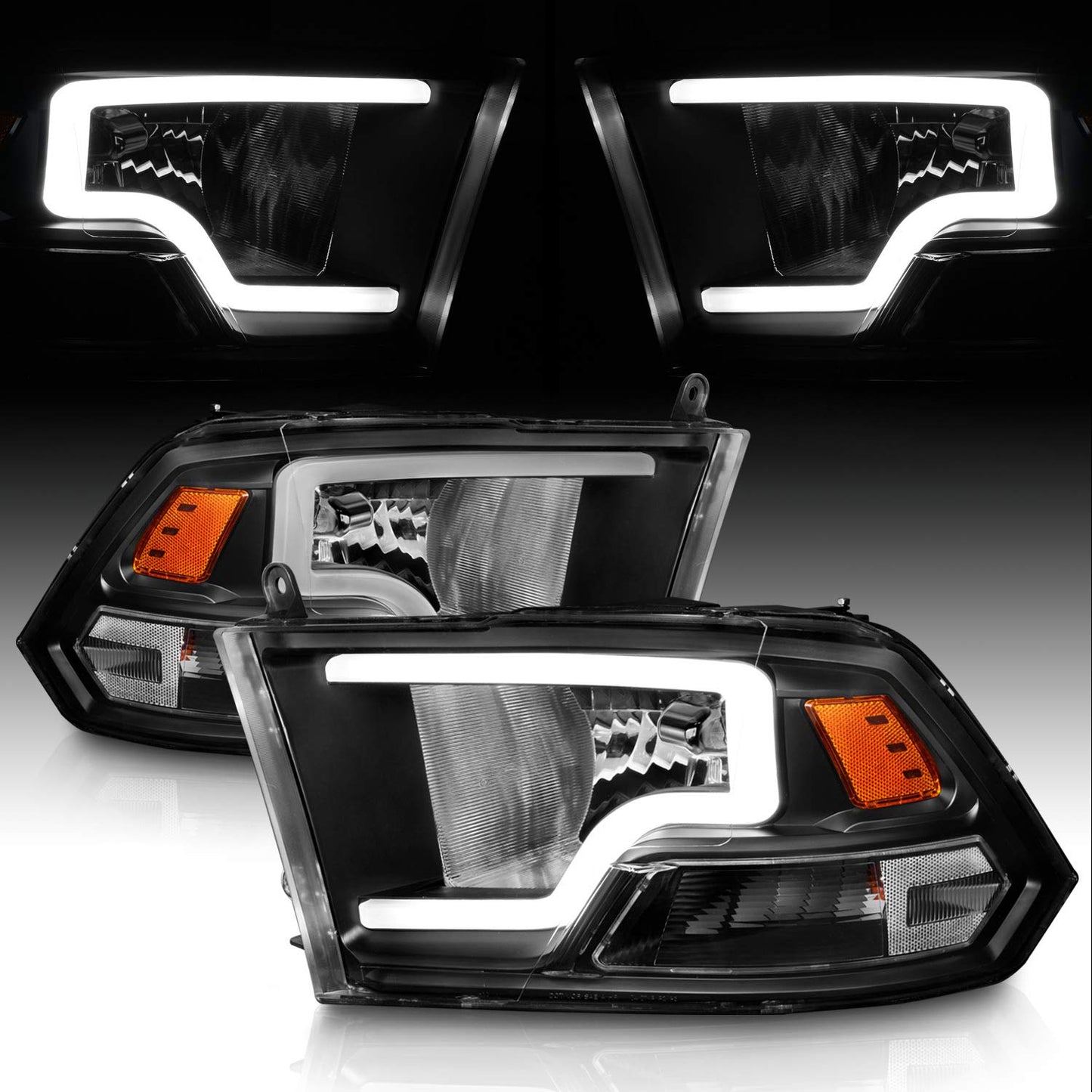 Black LED Bar Headlights for 2009-2018 Dodge Ram 1500/2500/3500 (Pair) - Includes Bulbs