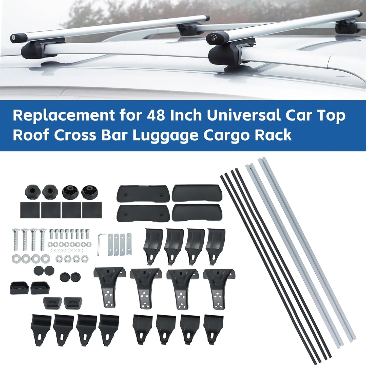 48" Universal Roof Rack Cross Bars with 3 Clamp Types - Silver Aluminum