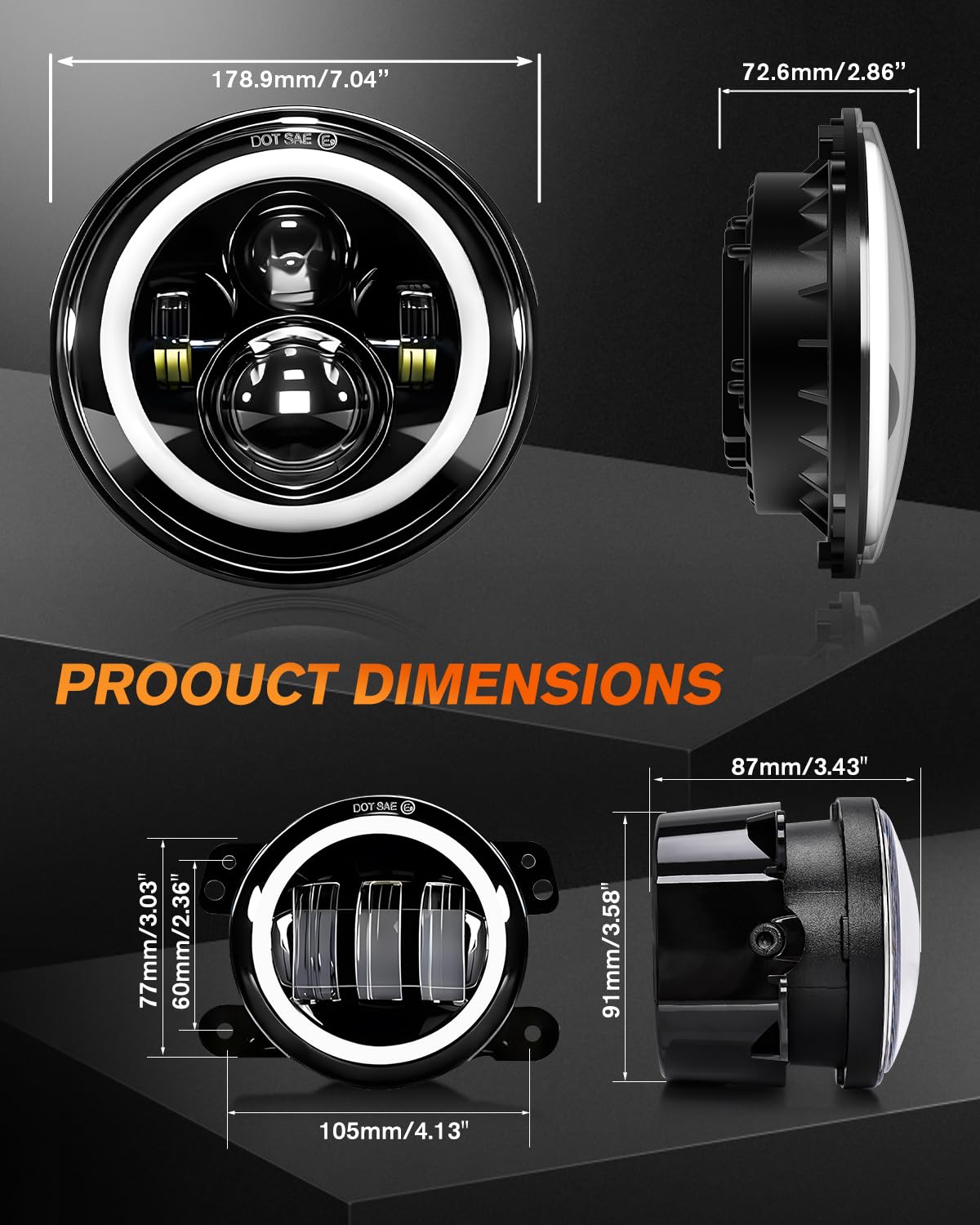 7 Inch Round LED Headlights with Halo & Amber Turn Signal + 4 Inch LED Fog Lights