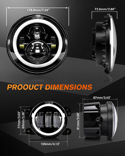 7 Inch Round LED Headlights with Halo & Amber Turn Signal + 4 Inch LED Fog Lights