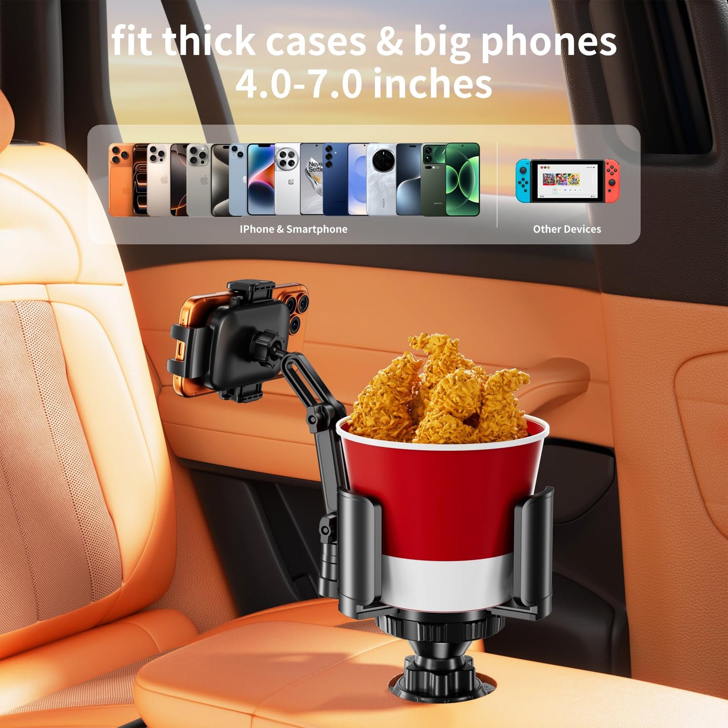2-in-1 Cup Holder Phone Mount with Expander - Adjustable Arm/360° Rotation for 4-7" Phones & 5.31" Bottles