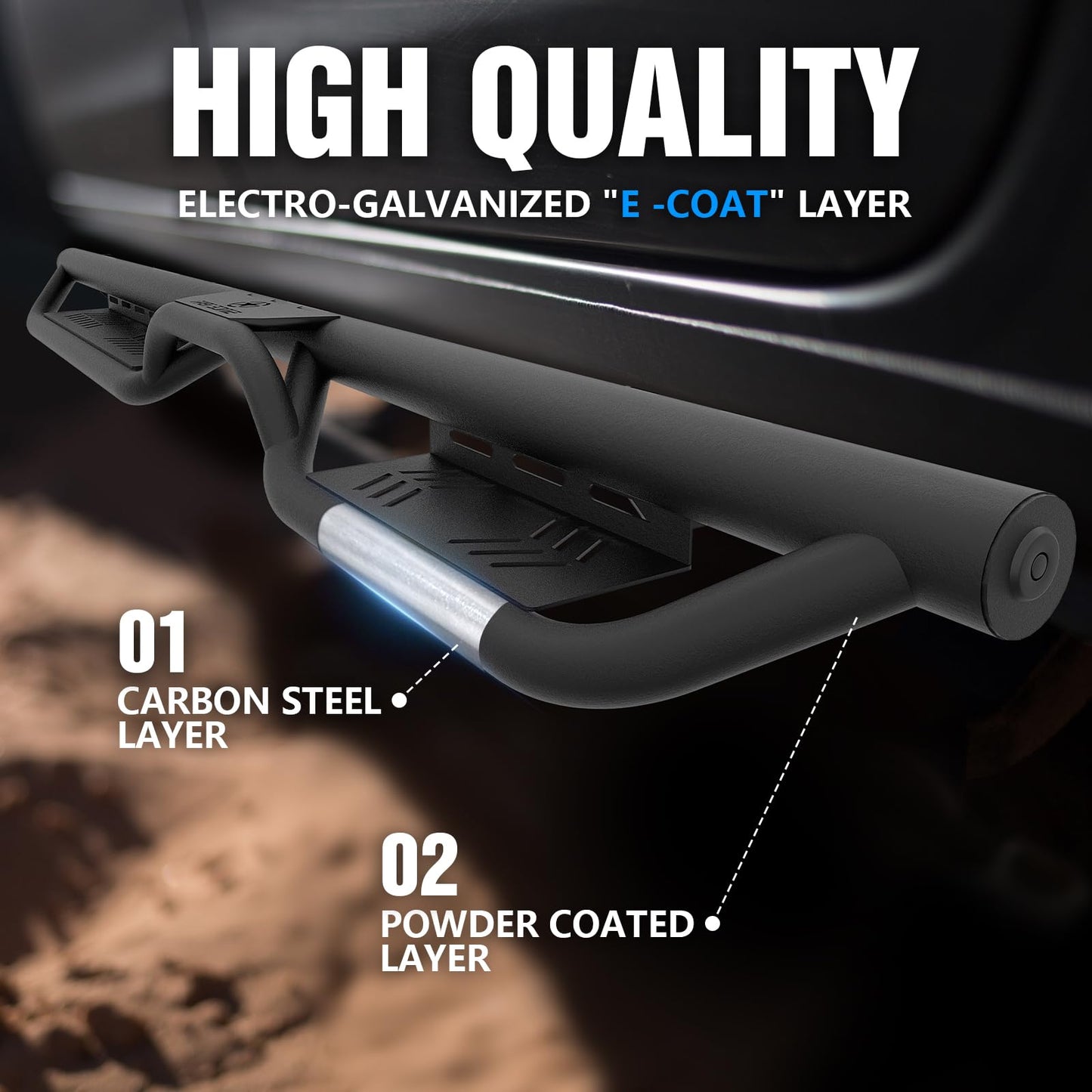 Two-Stair Black Running Boards for 2018-2026 Jeep Wrangler JL 4-Door - Rock Slider Nerf Bars