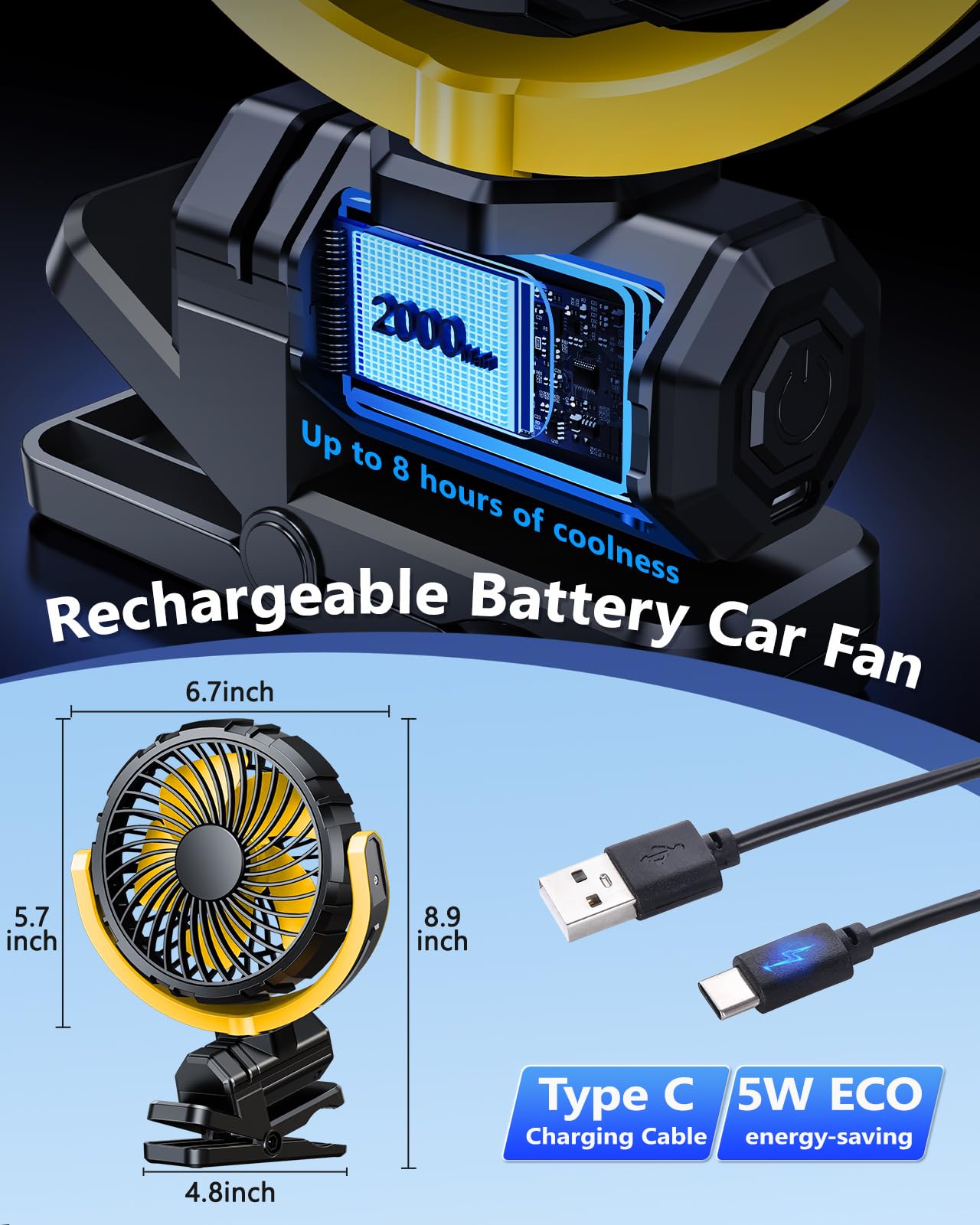 Portable Rechargeable Car Fan for Back Seat & Stroller, Quiet 360° Rotation