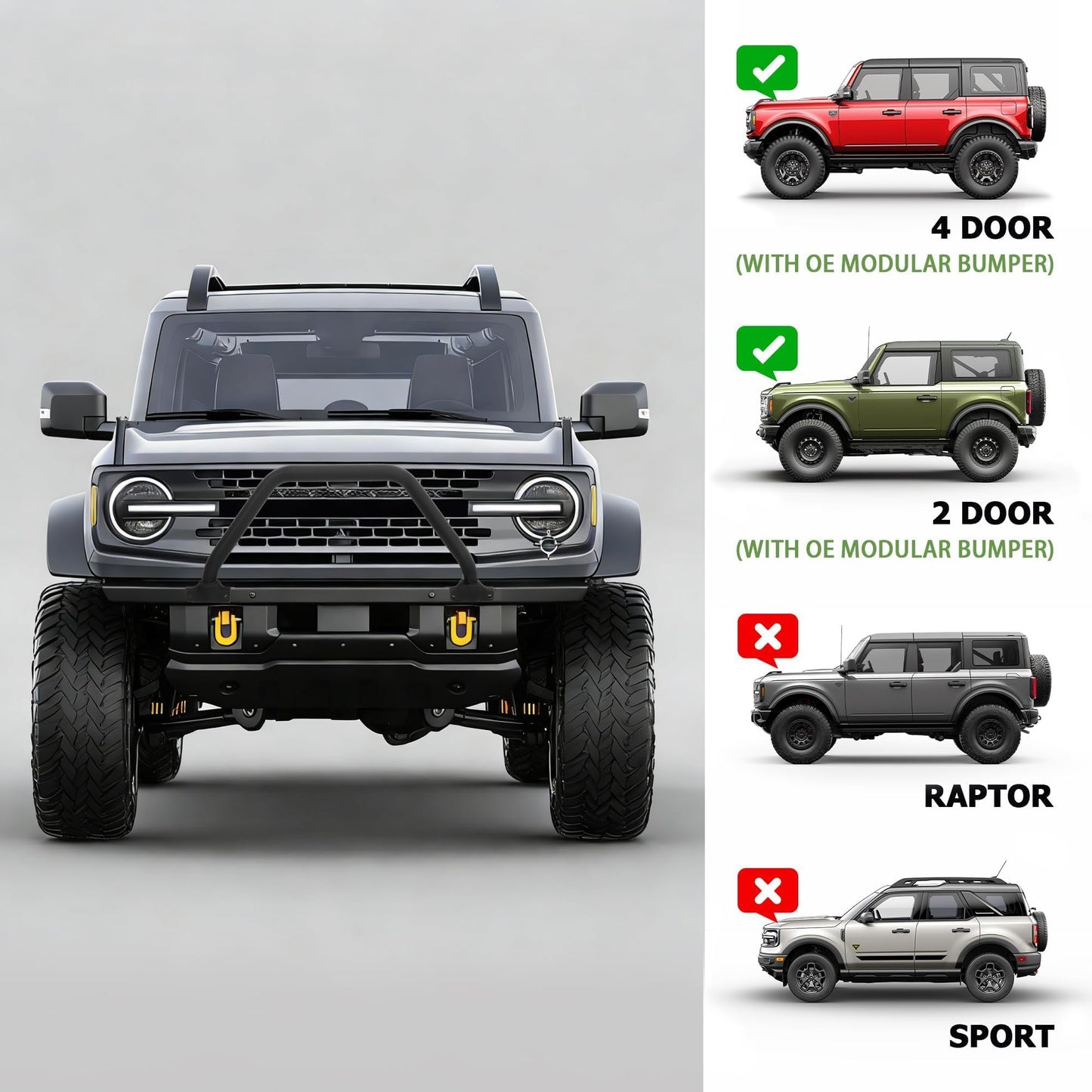 Bronco Front Bull Bar Grille Guard, Steel Black