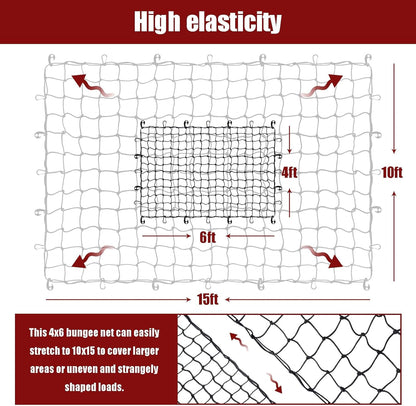 Heavy-Duty 4'x6' Stretch Cargo Net (to 10'x15') - 4"x4" Mesh, 24 Clips for Ford/Chevy/Ram/Toyota