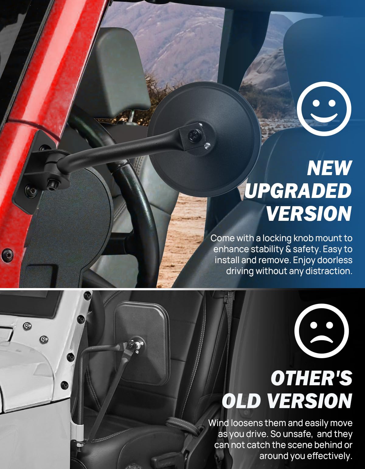 Upgraded Round Wrangler Mirrors, No Vibrate, Easy-Install