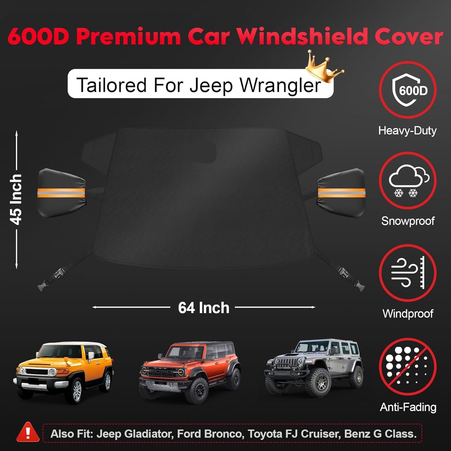 600D Windshield Snow & Ice Cover for Jeep Wrangler & Gladiator - Universal Fit