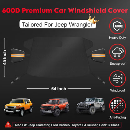 600D Windshield Snow & Ice Cover for Jeep Wrangler & Gladiator - Universal Fit