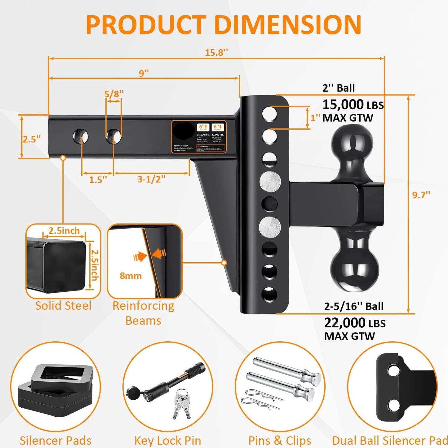 Adjustable 2.5" Trailer Hitch - 6" Drop/Rise, 2"/2-5/16" Balls, 22,000 lb GTW, Anti-Theft Pin (Black)