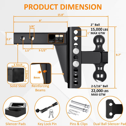 Adjustable 2.5" Trailer Hitch - 6" Drop/Rise, 2"/2-5/16" Balls, 22,000 lb GTW, Anti-Theft Pin (Black)