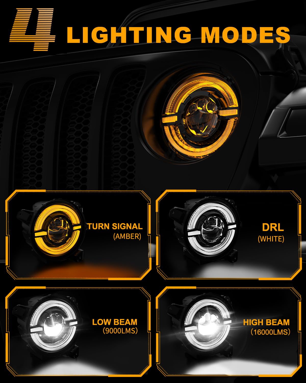 9-inch Round LED Headlight with DRL, Amber Turn Signal for Jeep JL JT