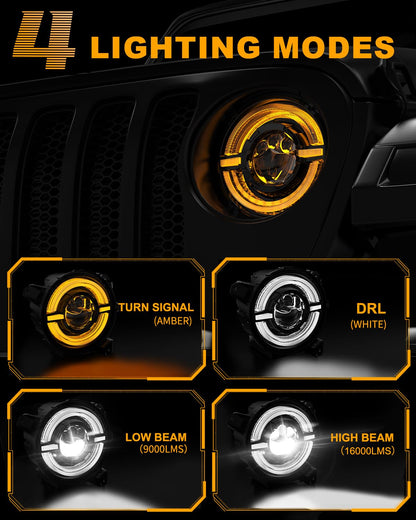 9-inch Round LED Headlight with DRL, Amber Turn Signal for Jeep JL JT
