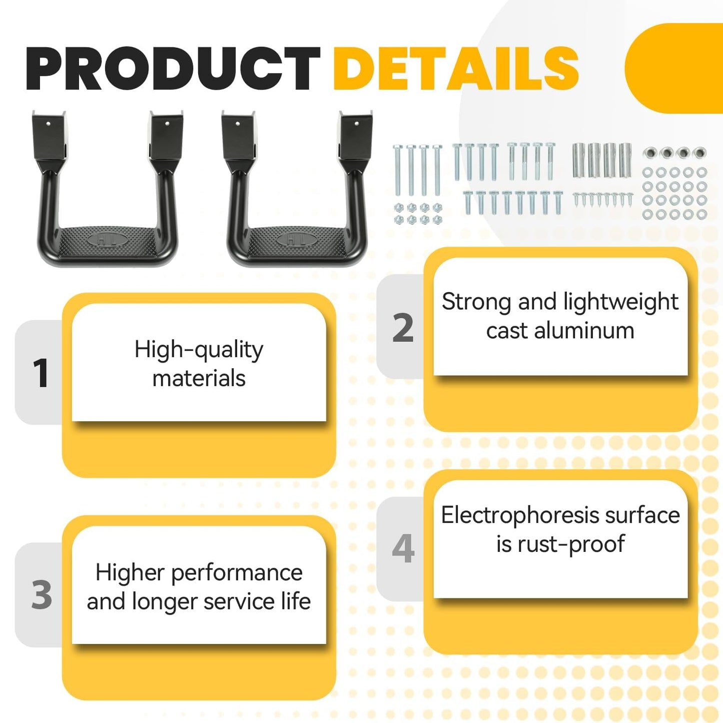 Electrophoresis Black Aluminum Side Steps - 300 lb Capacity, Universal for Chevy/Ford/Toyota/GMC/Dodge/Jeep