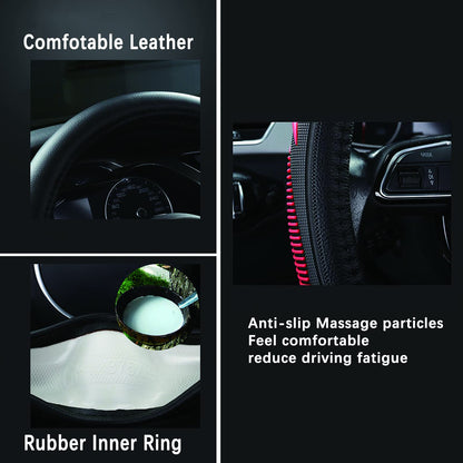 Leather Steering Wheel Cover for 15.5"-16" Dodge Ram 1500/2500/3500 - Anti-Slip Massage Grip (Black)