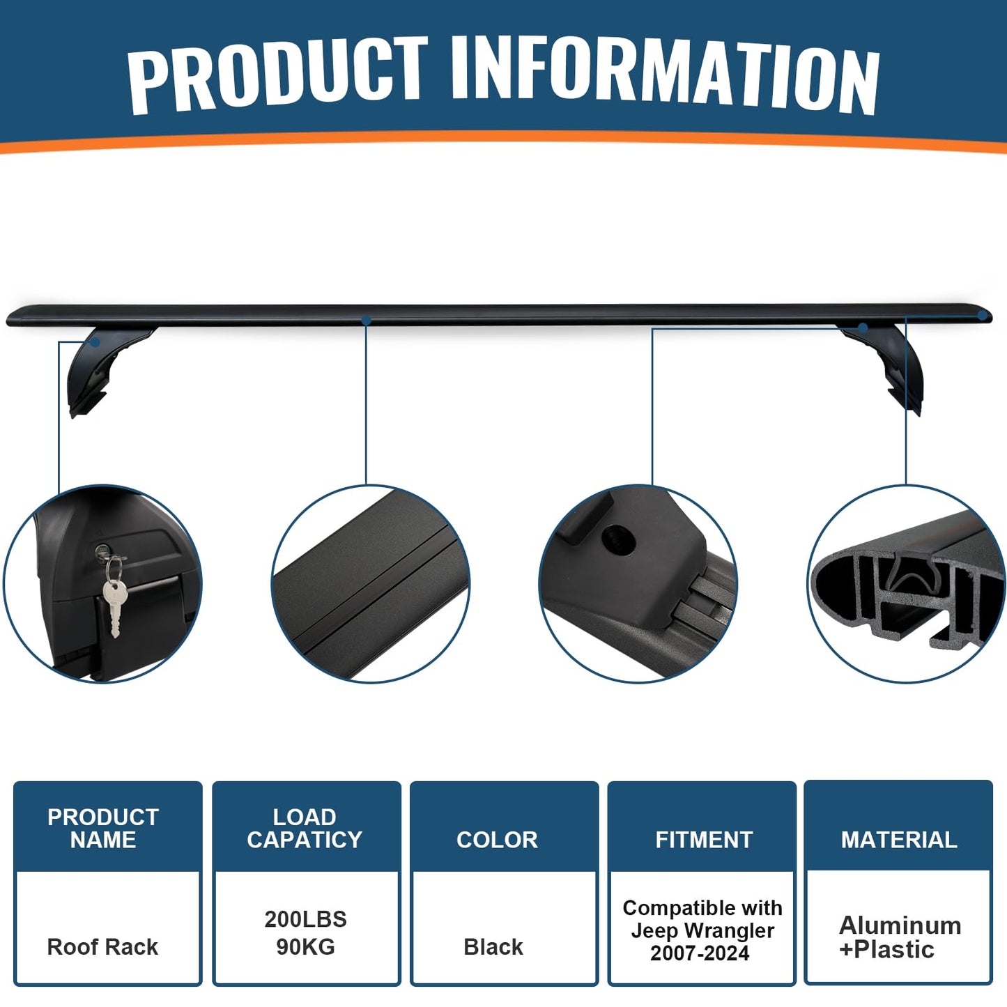 220 lb Roof Rack Cross Bars for 2007-2026 Jeep Wrangler & Gladiator - Anti-Theft Lock, Aluminum