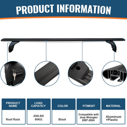 220 lb Roof Rack Cross Bars for 2007-2026 Jeep Wrangler & Gladiator - Anti-Theft Lock, Aluminum