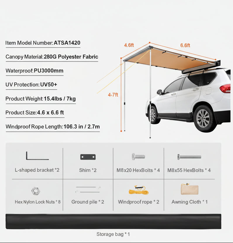 .6' x 6.6' Retractable Vehicle Awning - UV50+, PU3000mm Waterproof for SUV Camping