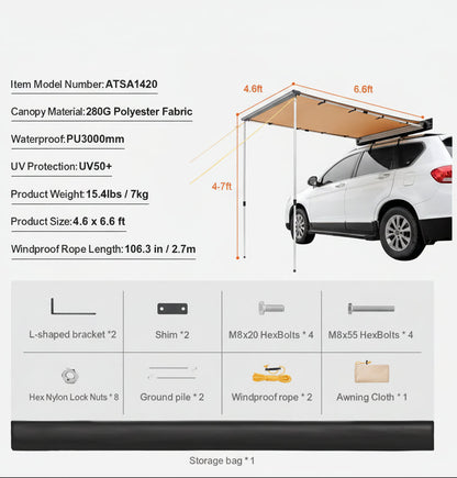.6' x 6.6' Retractable Vehicle Awning - UV50+, PU3000mm Waterproof for SUV Camping