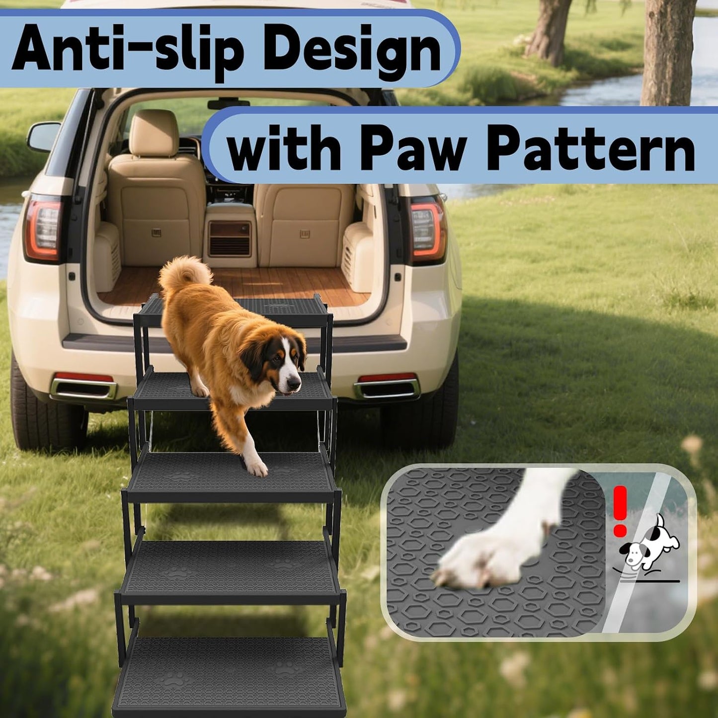 5-Step Dog Car Stairs - Upgraded Load Capacity for Large Dogs, Sturdy Portable Design