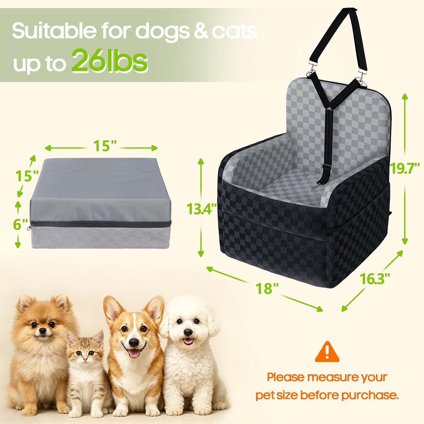 Elevated 6" Dog Booster Seat - Memory Foam, 26 lb Capacity, Removable Cover w/Storage Pockets