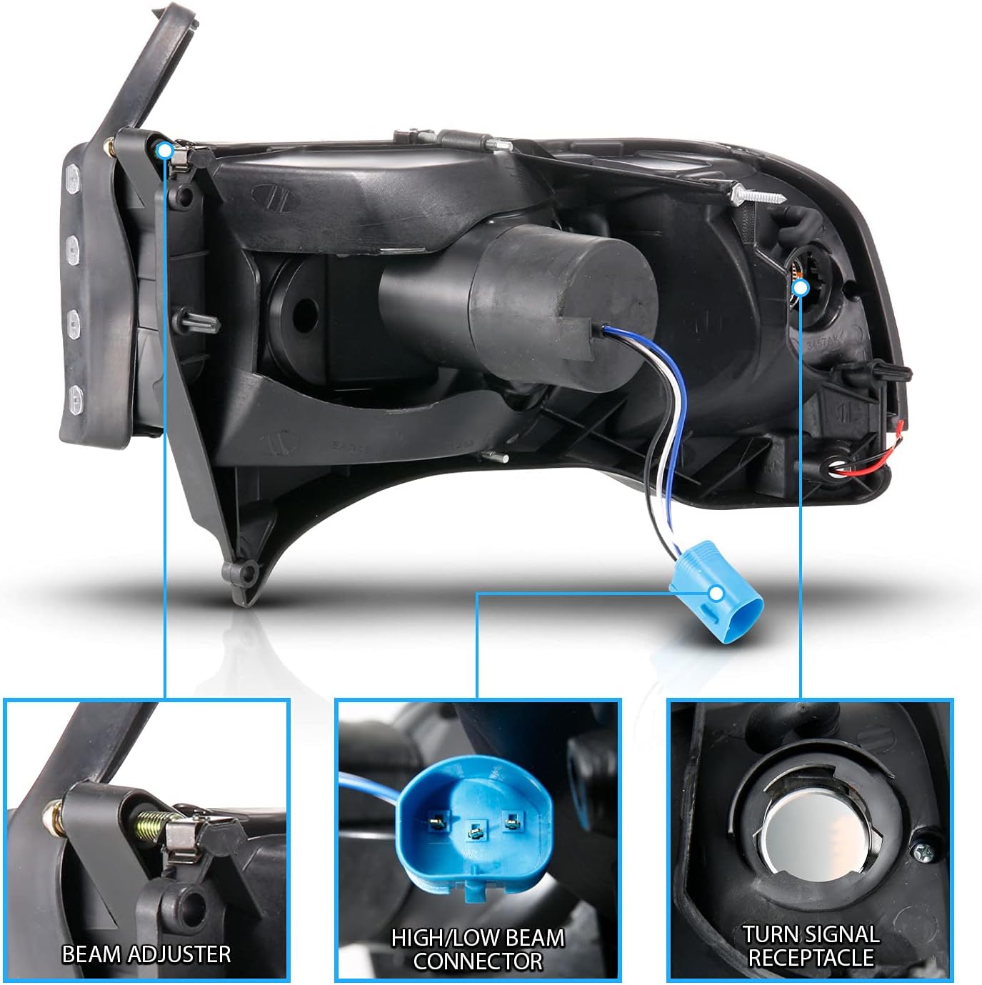 AmeriLite 1994-2001 Dodge Ram 1500 2500 3500 HD C-Type LED Tube Black 1pc Replacement Headlights Set - Passenger and Driver Side