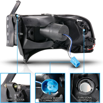 AmeriLite 1994-2001 Dodge Ram 1500 2500 3500 HD C-Type LED Tube Black 1pc Replacement Headlights Set - Passenger and Driver Side